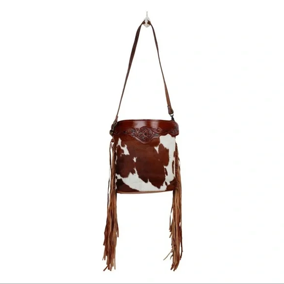 XL Genuine Leather Crossbody Myra Bag, Hair~On Cowhide on Both Sides, Fringe - Picture 2 of 3